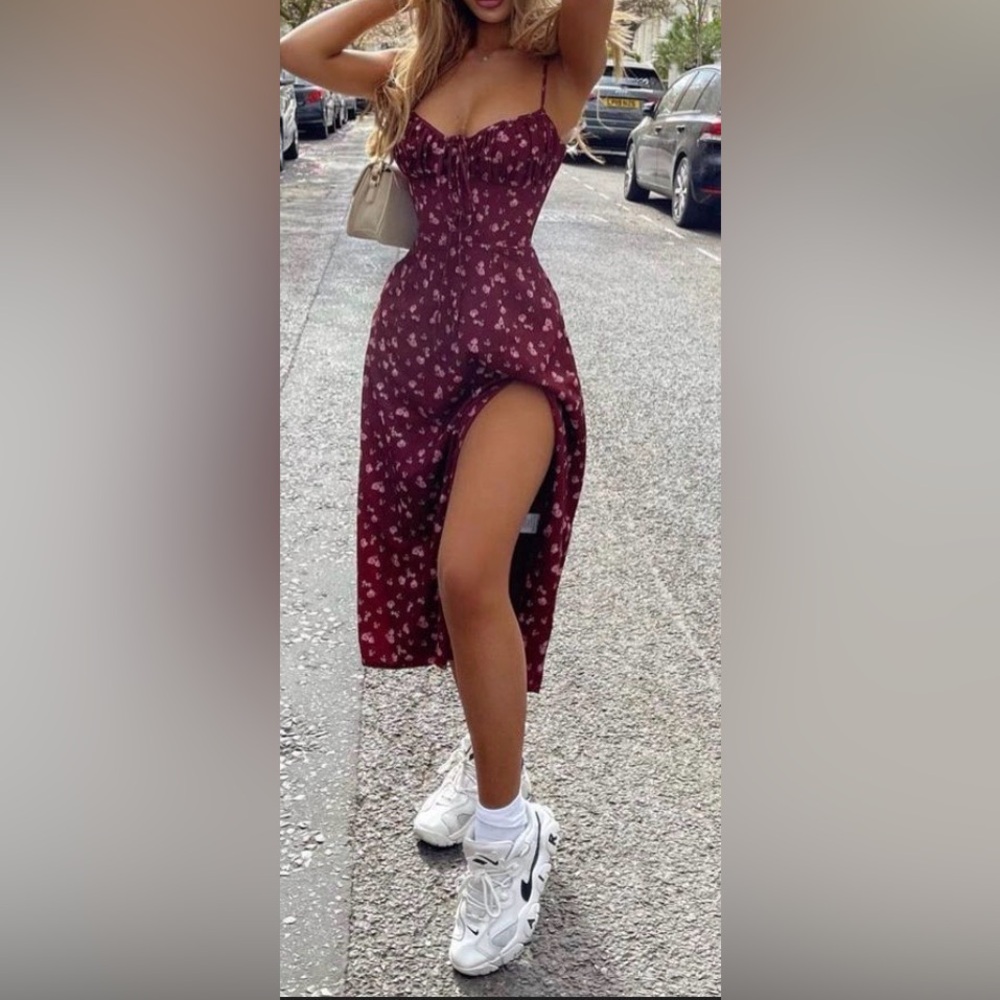 House of CB L+ D-DD EUC Wine Floral Bustier Midi Dress